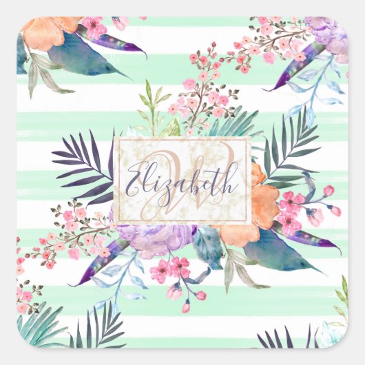 Waterverf Boho floral, bladeren, strepen handverf Vierkante Sticker (Voorkant)