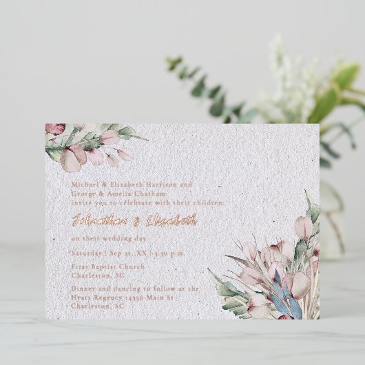 Waterverf Boho Floral en botanische bruiloft Folie Uitnodiging (Staand Voorkant)