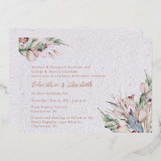 Waterverf Boho Floral en botanische bruiloft Folie Uitnodiging (Voorkant / Achterkant)