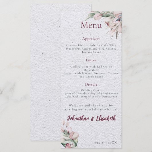 Waterverf Boho Floral en botanische bruiloft Menu (Voorkant / Achterkant)