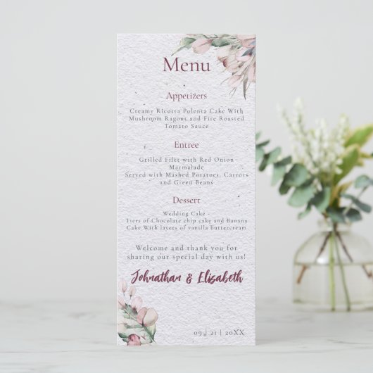 Waterverf Boho Floral en botanische bruiloft Menu (Staand voorkant)