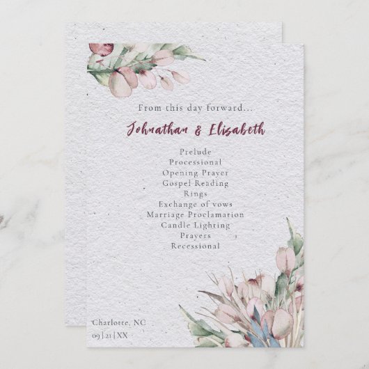 Waterverf Boho Floral en botanische bruiloft Programmakaart (Voorkant / Achterkant)