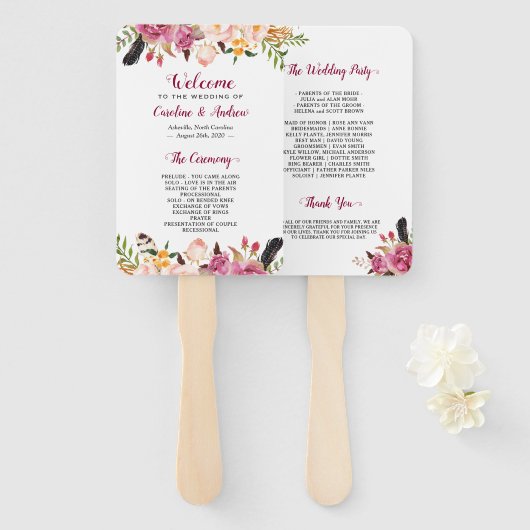 Waterverf Boho Floral Feather Trouwprogramma Handwaaier (Voorkant en achterkant)
