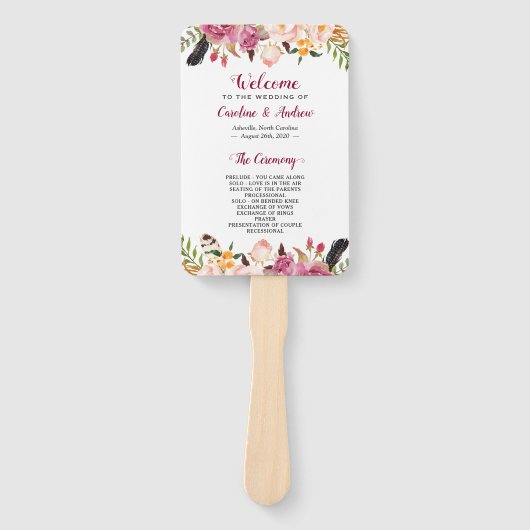 Waterverf Boho Floral Feather Trouwprogramma Handwaaier (Voorkant)