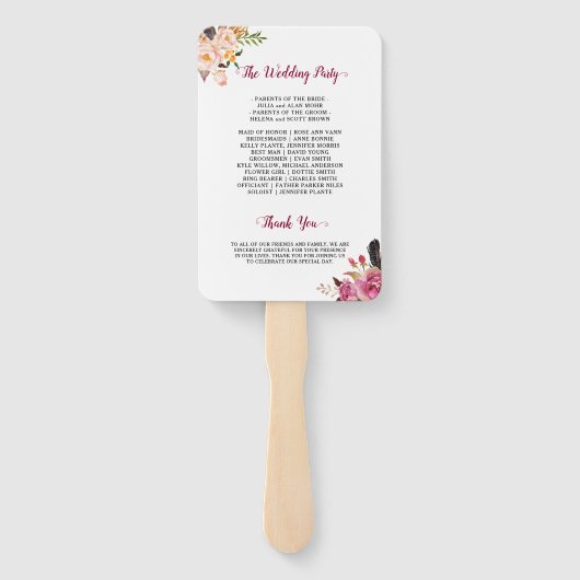 Waterverf Boho Floral Feather Trouwprogramma Handwaaier (Achterkant)