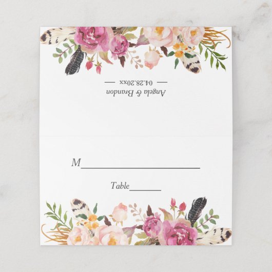 Waterverf Boho Floral Fether Wedding Table Plaatskaartje (Buitenkant ongevouwen)