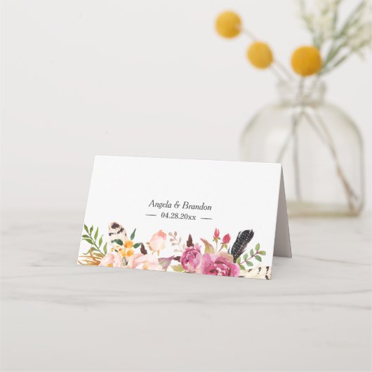 Waterverf Boho Floral Fether Wedding Table Plaatskaartje (Achterkant)