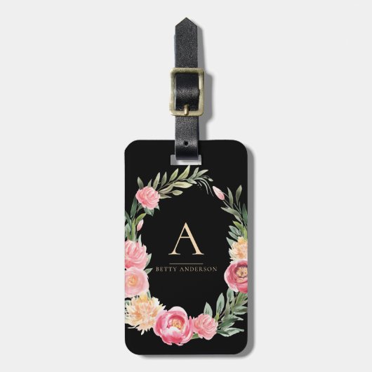 Waterverf Boho Floral over zwart | Grafisch monogr Bagagelabel (Voorkant verticaal)