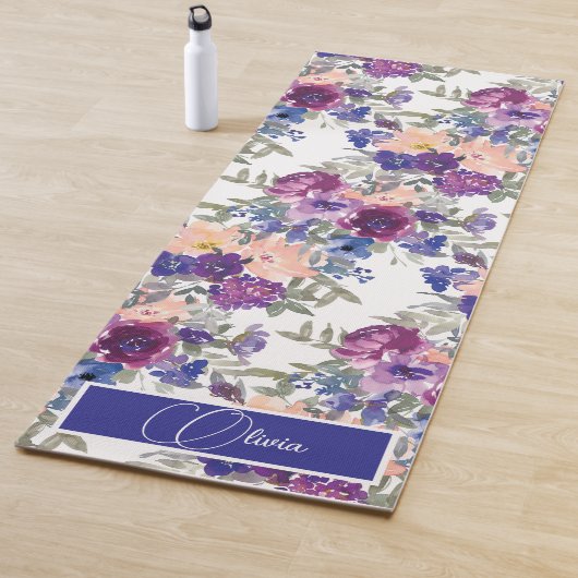 Waterverf Boho Floral Paars Script Yogamat (In situ)