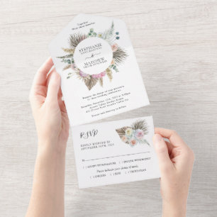 Waterverf Boho Floral Pampas Wedding All In One Uitnodiging