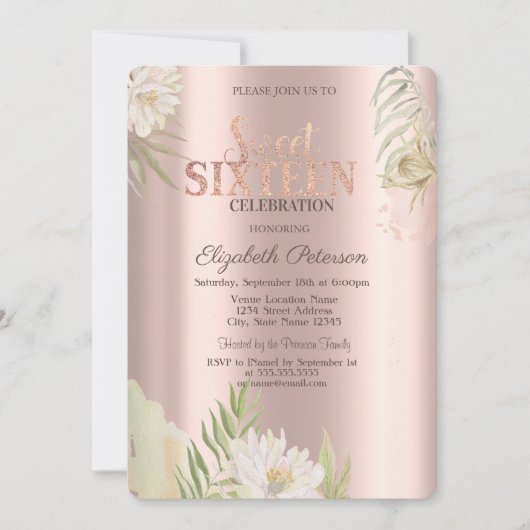 Waterverf Boho Floral Roos Gold Sweet 16 Kaart (Voorkant)