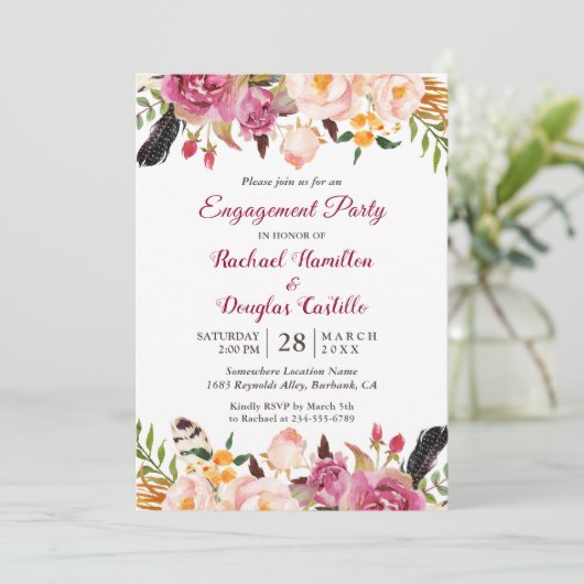 Waterverf Boho Floral Spring Engagement Party Kaart (Staand voorkant)