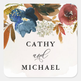 Waterverf Boho Floral van Navy en Rust Vierkante Sticker