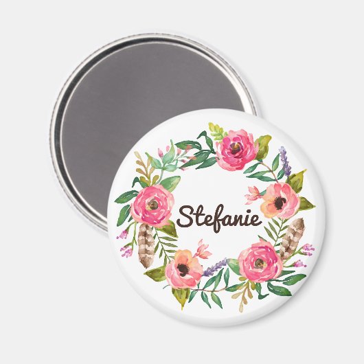Waterverf Boho Floral Wreath Personalized Magneet (Voorkant / Achterkant)