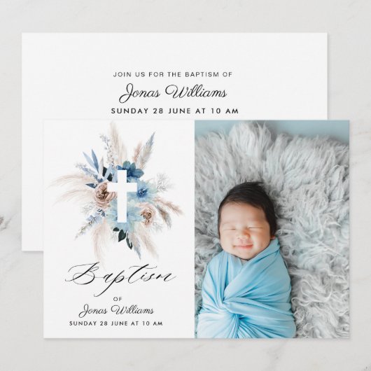 waterverf boho florals Baptism fotouitnodiging Kaart (Voorkant / Achterkant)