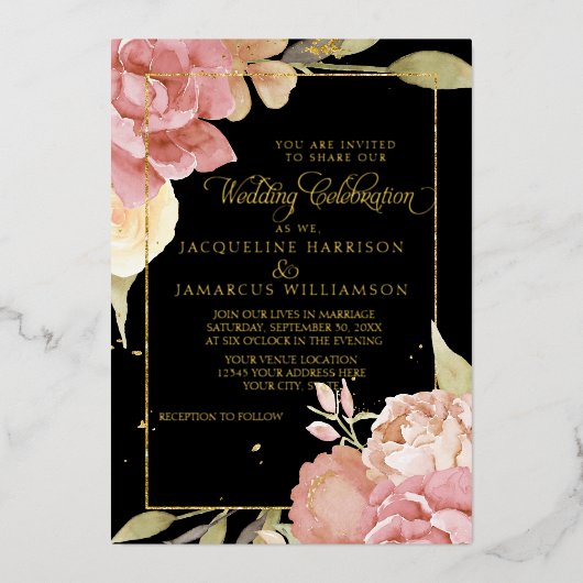Waterverf Boho Flowers Black in Pink Wedding Gold Folie Uitnodiging (Voorkant)