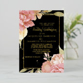 Waterverf Boho Flowers Black in Pink Wedding Gold Folie Uitnodiging (Staand Voorkant)