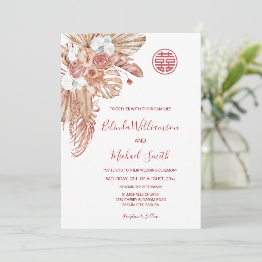 Waterverf Boho Flowers Chinees Bruiloft Kaart (Staand voorkant)