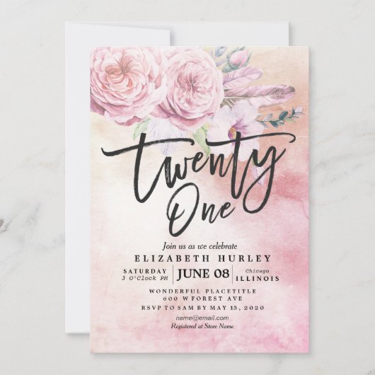 waterverf Boho Flowers Feathers van Birthday Party Kaart (Voorkant)