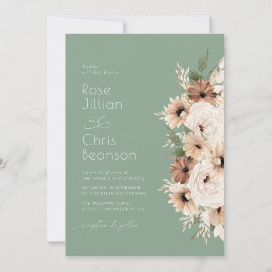 Waterverf Boho Flowers Sage Green Wedding Kaart (Voorkant)