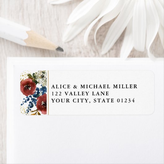 Waterverf Boho Flowers White Address Navy & Rust Etiket (Insitu)