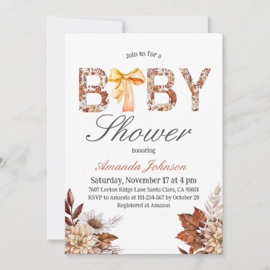 Waterverf Boho Herfst Floral Bow Baby shower Kaart (Voorkant)