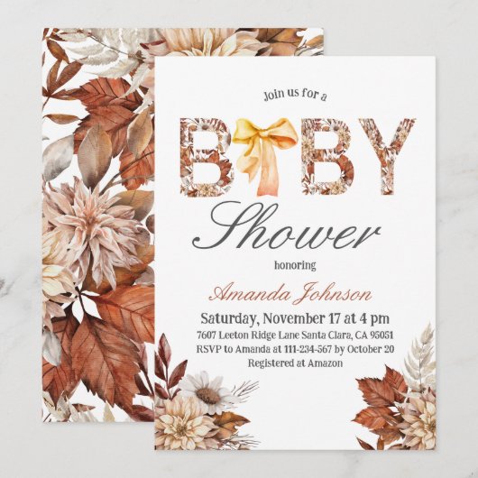 Waterverf Boho Herfst Floral Bow Baby shower Kaart (Voorkant / Achterkant)