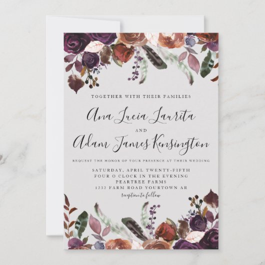 Waterverf Boho - herfst Plum Wedding Kaart (Voorkant)