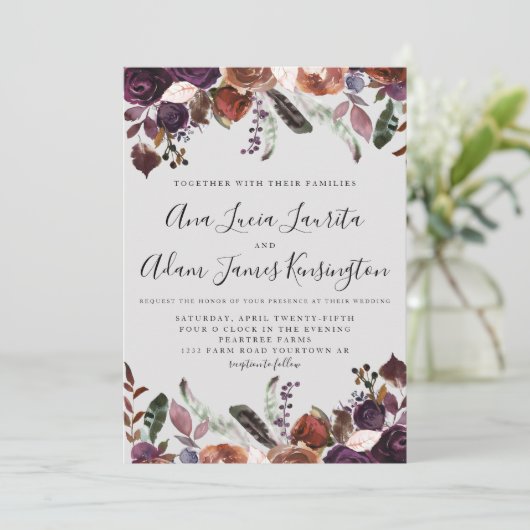 Waterverf Boho - herfst Plum Wedding Kaart (Staand voorkant)