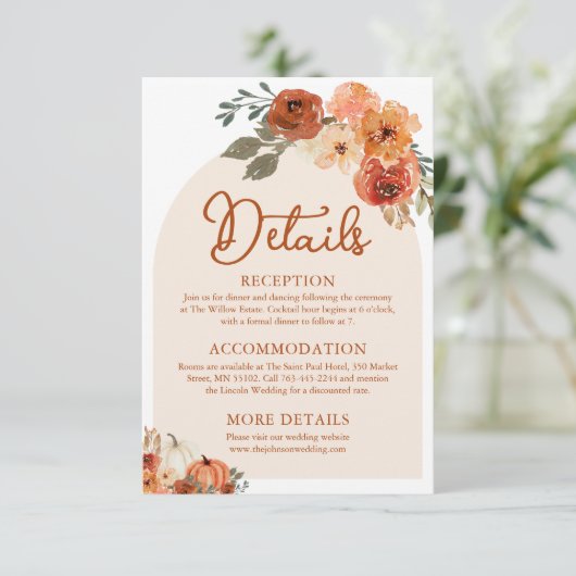 Waterverf Boho Herfst Pompoen Wedding Details Informatiekaartje (Staand voorkant)