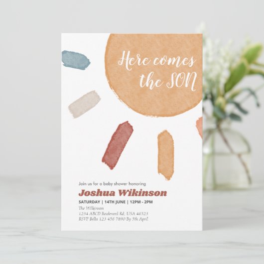Waterverf boho Hier komt het Son baby shower Kaart (Staand voorkant)