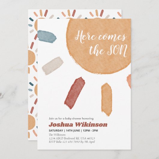 Waterverf boho Hier komt het Son baby shower Kaart (Voorkant / Achterkant)