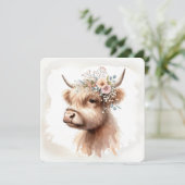 Waterverf Boho Highland Koe met bruidsbloemen Kaart (Staand voorkant)