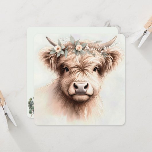 Waterverf Boho Highland Koe met bruidskopstuk Kaart (Voorkant / Achterkant in situ)
