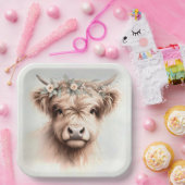 Waterverf Boho Highland Koe met bruidskopstuk Papieren Bordje (Feest)