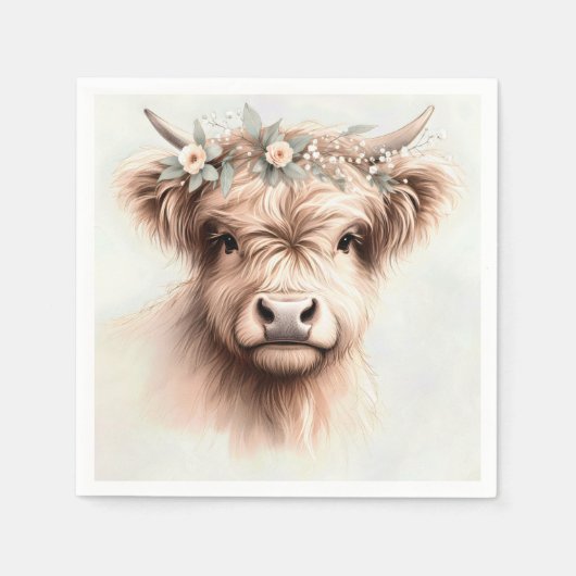 Waterverf Boho Highland Koe met bruidskopstuk Servet (Voorkant)