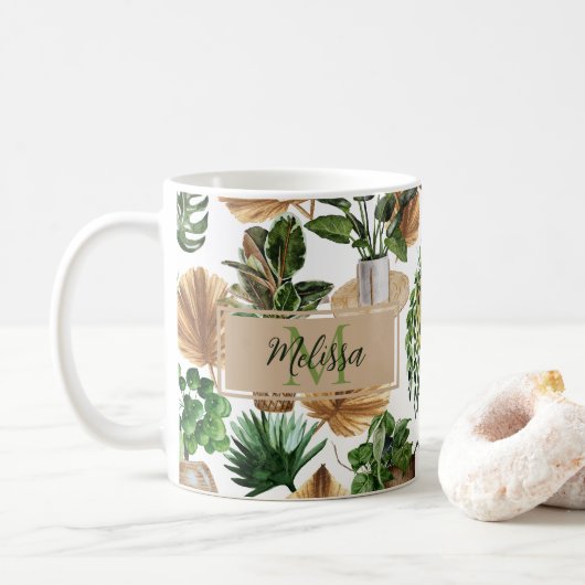 Waterverf Boho Indoor House Planten Monogram Naam Koffiemok (Met donut)