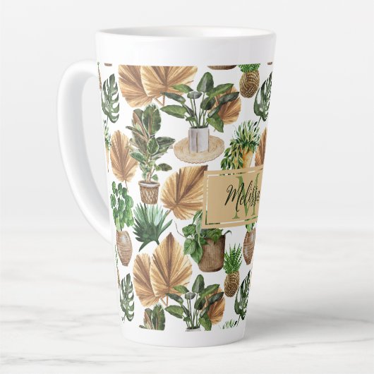 Waterverf Boho Indoor House Planten Monogram Naam Latte Mok (Linkerhoek)