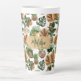 Waterverf Boho Indoor House Planten Monogram Naam Latte Mok