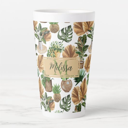 Waterverf Boho Indoor House Planten Monogram Naam Latte Mok (Voorkant)