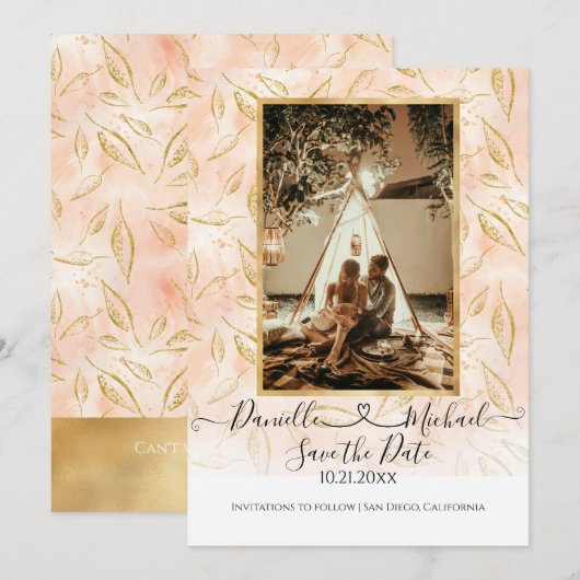 Waterverf BOHO Leaf Foliage Pink Gold Glitter Save The Date (Voorkant / Achterkant)