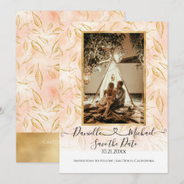 Waterverf BOHO Leaf Foliage Pink Gold Glitter Save The Date