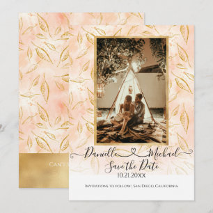 Waterverf BOHO Leaf Foliage Pink Gold Glitter Save The Date