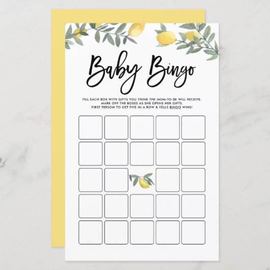 Waterverf Boho Lemons Baby shower Bingo Game (Voorkant / Achterkant)