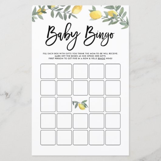Waterverf Boho Lemons Baby shower Bingo Game (Voorkant)