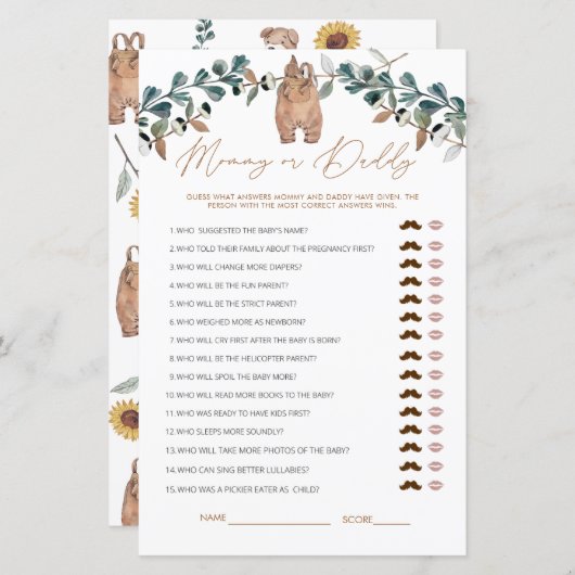 Waterverf Boho mama of papa Baby shower Game (Voorkant / Achterkant)