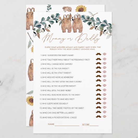 Waterverf Boho mama of papa Baby shower Game (Voorkant / Achterkant)