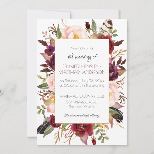 Waterverf Boho Marsala Rode Bourgogne Rozen Lijst  Kaart (Voorkant)