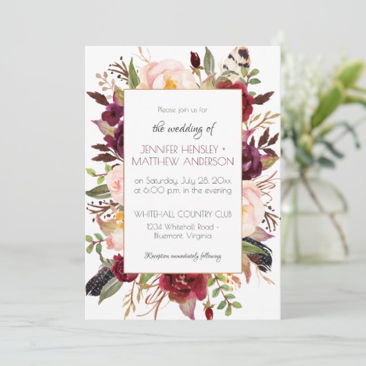 Waterverf Boho Marsala Rode Bourgogne Rozen Lijst  Kaart (Staand voorkant)