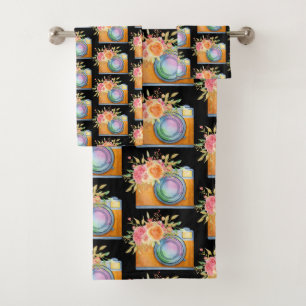 Waterverf Boho Oranje Camera & Flowers Patroon Bad Handdoek